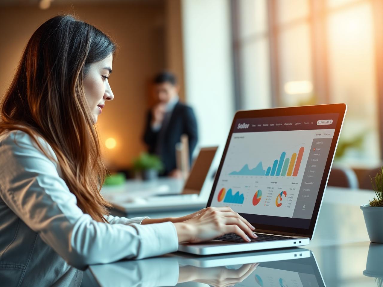 Mitarbeiterin arbeitet am Laptop mit Auswertungen