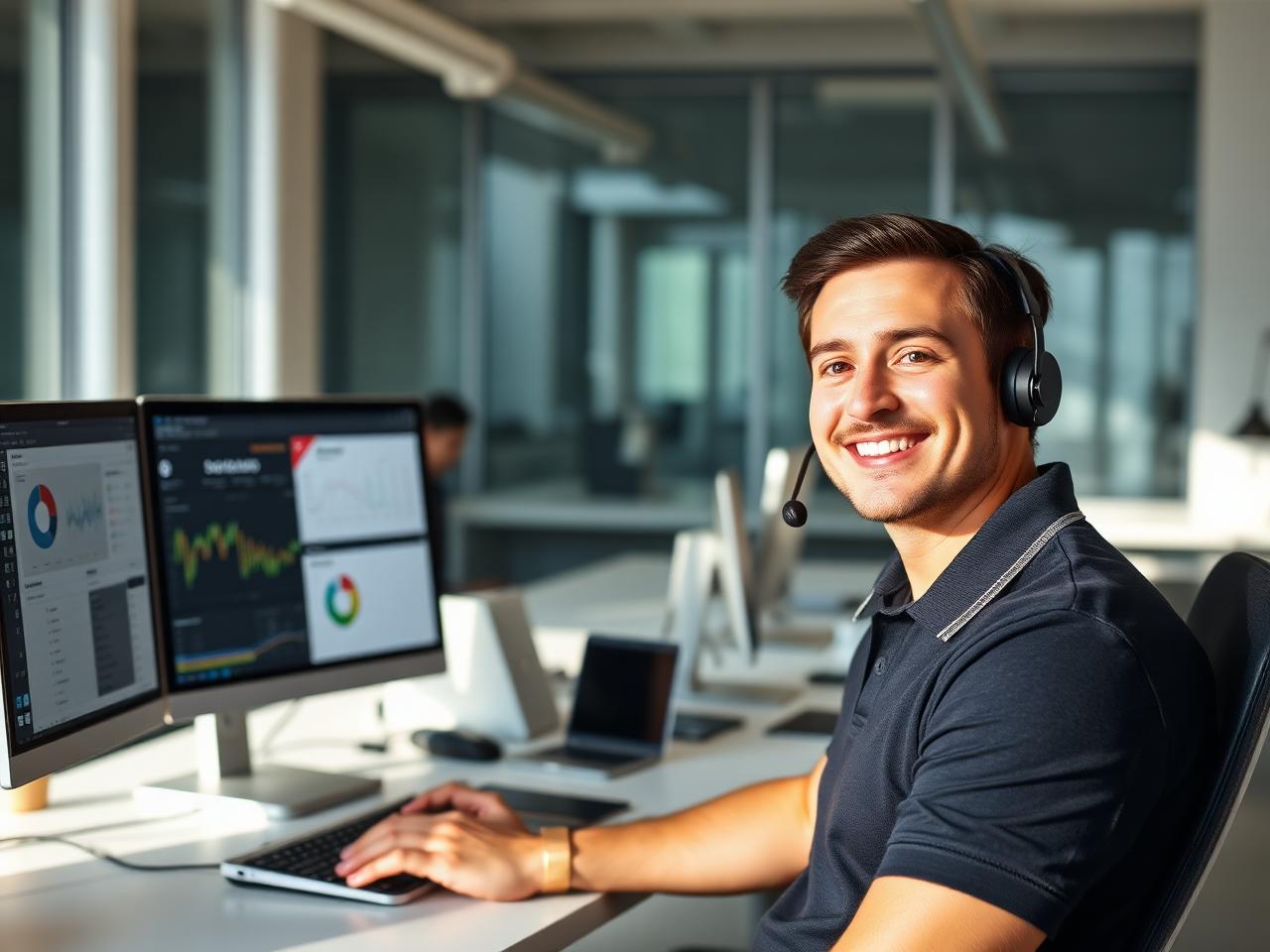Techniker im Helpdesk mit Headset vor Monitoring-Dashboards